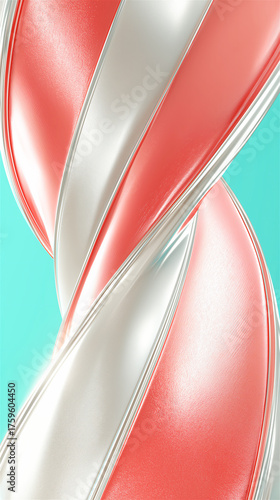 Abstract twisted metallic red and white ribbon on pastel background, concept of modern design, elegance and motion with copy space.