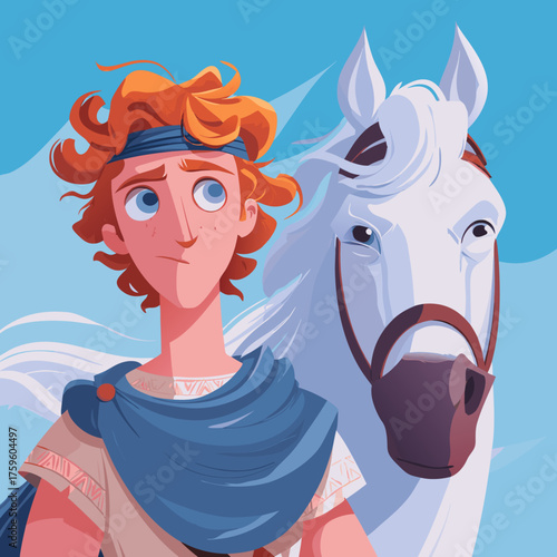 Young mythological hero with red hair, blue headband, and ancient attire with a majestic white horse. Vibrant cartoon adventure illustration.