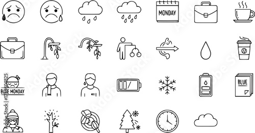 Blue Monday, Winter Blues  Seasonal Affective Disorder (SAD) Line Icons Set. Collection of Outline Symbols for Depression, Mood, Work  Weather.