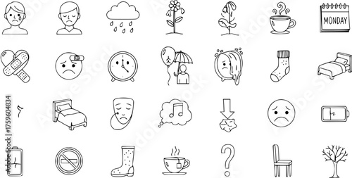Sadness and Daily Life Line Art Icons. Set of Melancholy, Emotional Distress, Stress, and Comfort Symbols for Mental Well-being.