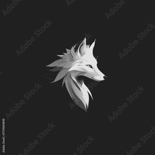 Modern stylized arctic fox head illustration. Geometric white fox graphic with sharp lines, minimalist monochrome design.