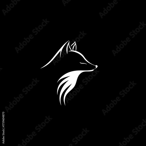 Minimalist white fox head silhouette, elegant wild animal profile icon on black background, modern vector design illustration
