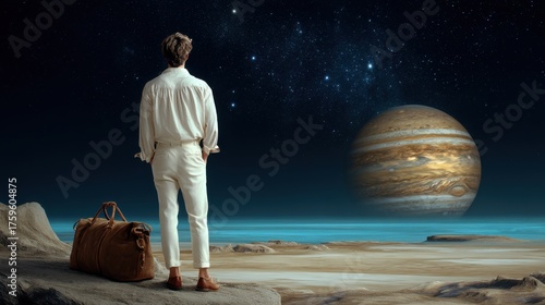 Person standing on a surreal landscape gazing at a giant planet in a starry sky during nighttime