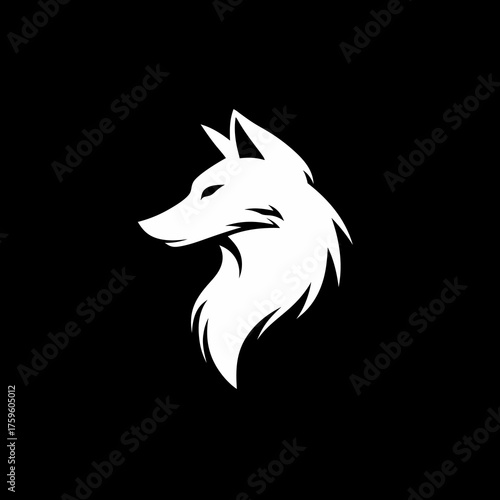 Modern minimalist white fox head silhouette on black background. Stylized graphic design vector icon, logo concept for cunning wild animal.