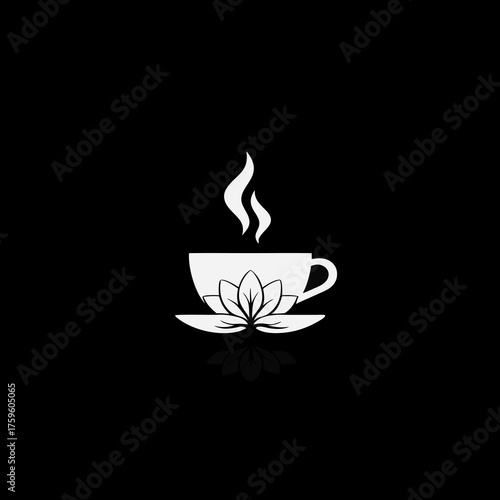 Elegant white teacup icon with lotus flower and rising steam on black background. Symbol of wellness, herbal tea, spa, and relaxation.