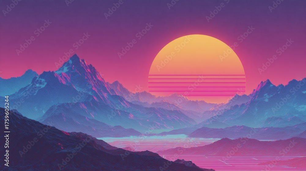 Fototapeta premium A stunning sunset paints the sky with bright hues showcasing mountains and tranquil waters below.