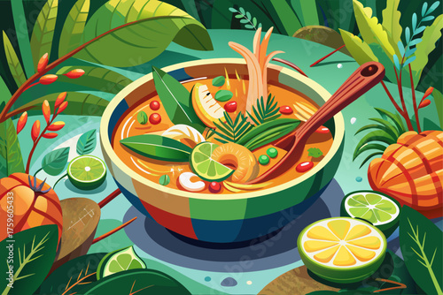 vector of The famous Thai soup, with fresh shrimp, lemon grass, lime leaves and galangal, has a tropical forest aroma. Tom Yum is a concoction of spiciness, sourness and the fragrance of nature.