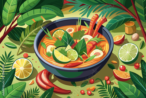 vector of The famous Thai soup, with fresh shrimp, lemon grass, lime leaves and galangal, has a tropical forest aroma. Tom Yum is a concoction of spiciness, sourness and the fragrance of nature.
