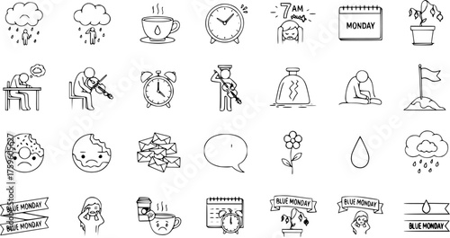 Hand-drawn Blue Monday icons set depicting sadness, depression, and morning melancholy with elements like crying, rain, coffee, and work stress.