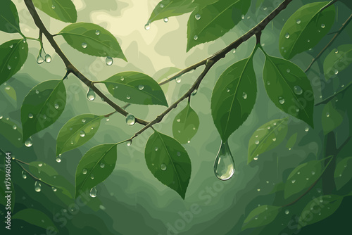 Drenched background vector misty rain natural forest soft covered raindrops scene leaves