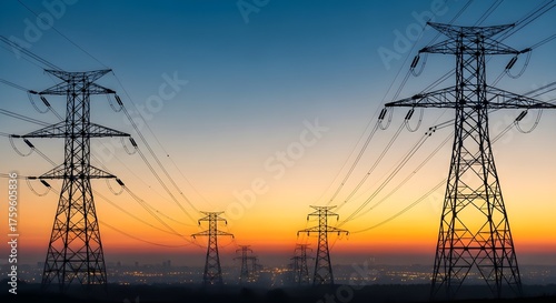 Transmission Towers at Sunset Power Grid Infrastructure and Energy Distribution