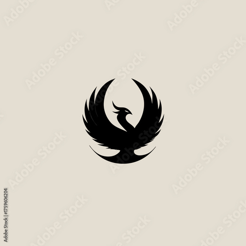 Majestic black phoenix bird silhouette logo, mythical creature symbol of strength, rebirth, power, and triumph on a light background.