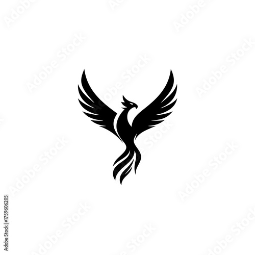 Majestic black phoenix silhouette flying with spread wings, a powerful mythical bird symbol of rebirth, strength, and triumph.