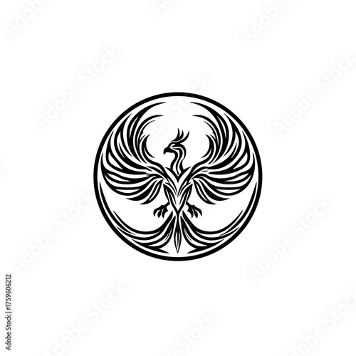 Stylized Phoenix Bird Graphic Design in a Circular Emblem Logo, Mythical Firebird Symbol for Rebirth and Strength