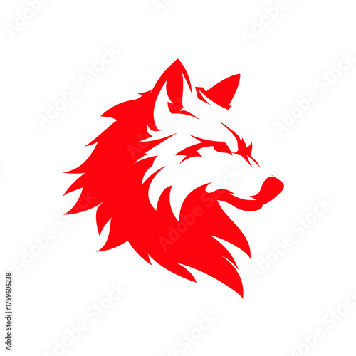 Dynamic red wolf head vector illustration. Fierce canine profile, powerful wildlife animal graphic design element for mascots & logos.