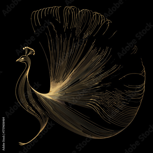Elegant golden line art peacock illustration on black background. Abstract artistic bird design, luxury ornamental graphic vector.