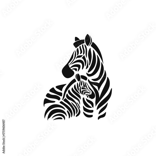 Stylized black and white illustration of a mother zebra and baby foal. Graphic design depicting wildlife family love.