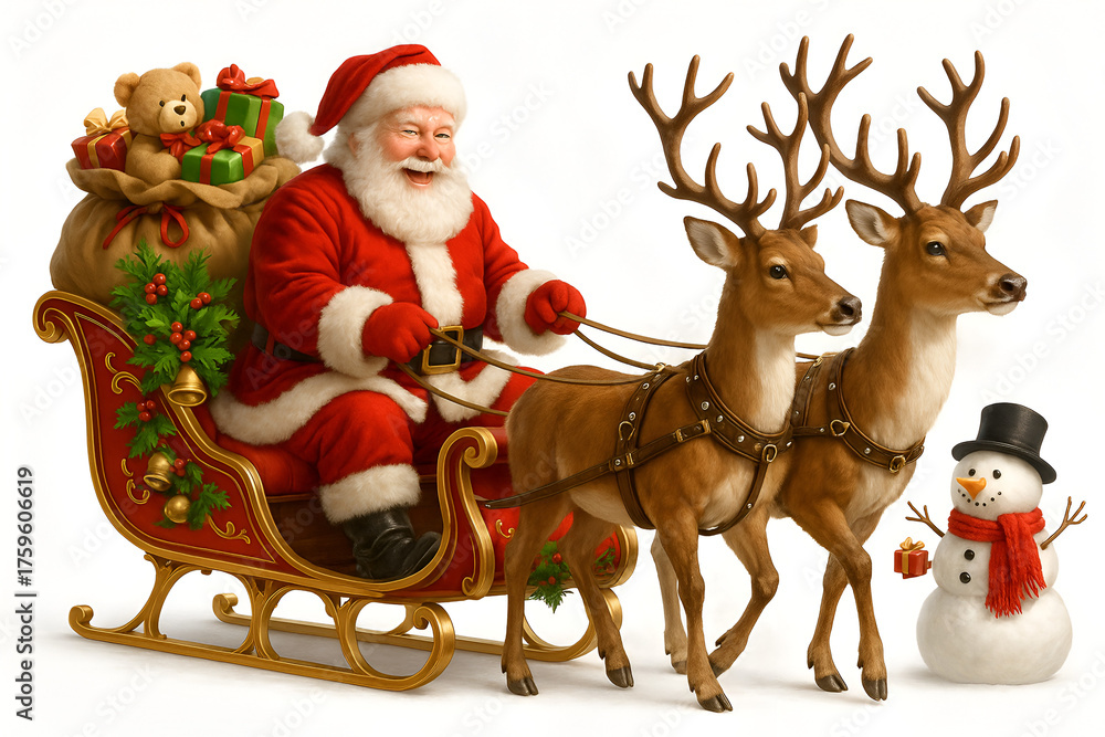 Fototapeta premium santa claus riding his christmas sleigh with reindeer a snowman and a sack full of gifts isolated on white