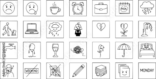 Hand-drawn doodle line art icons illustrating daily life stress, sadness, anxiety, work problems, Monday blues, and mental health struggles.