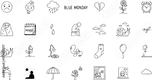 Hand-drawn collection of sad, melancholic, and gloomy icons symbolizing Blue Monday, depression, winter blues, isolation, and bad mood. Doodle vector illustrations for mental health.