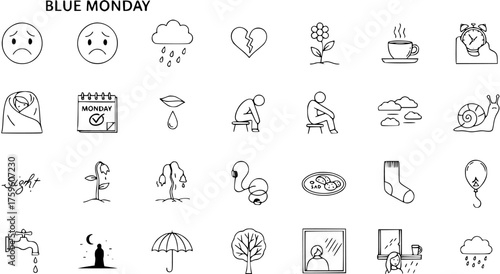 Blue Monday concept line art icons. Vector collection symbolizing sadness, melancholy, depression, and coping mechanisms for mental health awareness and emotional well-being.