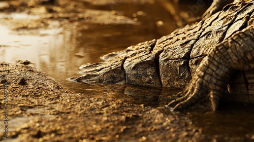 Fototapeta Naklejka Na Ścianę i Meble -  A macro photo of a Nile crocodile partially submerged as it drinks from a muddy river edge, textured scales and riverbank detail. 