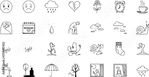 Hand-drawn doodle icons illustrating a range of negative emotions, sadness, depression, loneliness, and bad days, featuring symbols like a broken heart, rain, wilting flowers, and crying.