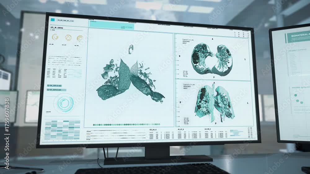 Patient Examination In Innovative Anatomical Scanner Finds Lung Cancer Diagnosis. Medical Ultrasound Scanner Interface Conducts Examination Of Ill Patient. Scanner For Examination Of Patients Health