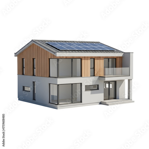 3D model of a modern house with solar panel, 3D visualization of a stylish house with a solar panel, isolated on white or transparent background, PNG Format.
