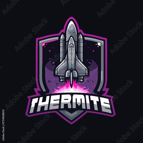 Futuristic space shuttle launch e-sports logo emblem with cosmic shield, vibrant gaming vector illustration design