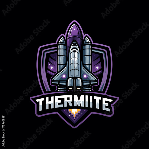 Vibrant cosmic space shuttle rocket logo emblem design with shield, stars, and galaxy background. Modern vector illustration for technology.