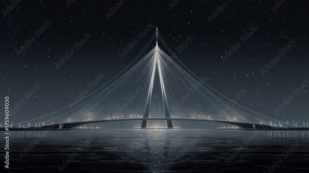 Obraz premium Stunning Night View of Modern Suspension Bridge Under Starry Sky