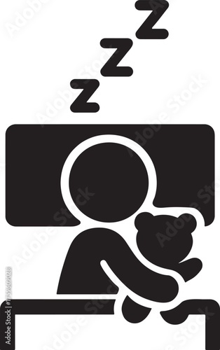 Child sleeping with teddy illustration symbolizing comfort, bedtime, and peaceful rest.