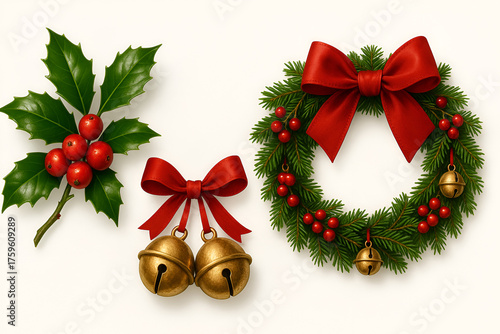 Christmas decoration set with holly berries red bow jingle bells and a festive wreath isolated on a white background

