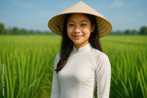 Smiling Vietnamese Woman in Ao Dai among Green Rice Fields. AI Generative.