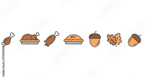 Thanksgiving-themed illustration featuring various food items and autumn-related elements.