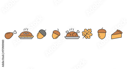 Thanksgiving icons: turkey, pie, acorn, leaf, and drumstick in a row.