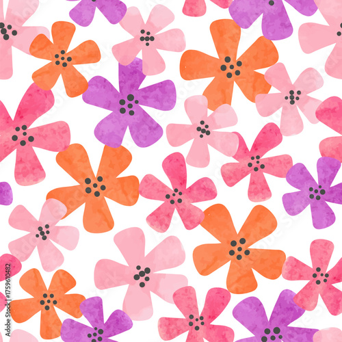 Seamless hand drawn watercolor flowers pattern. Colorful floral vector print