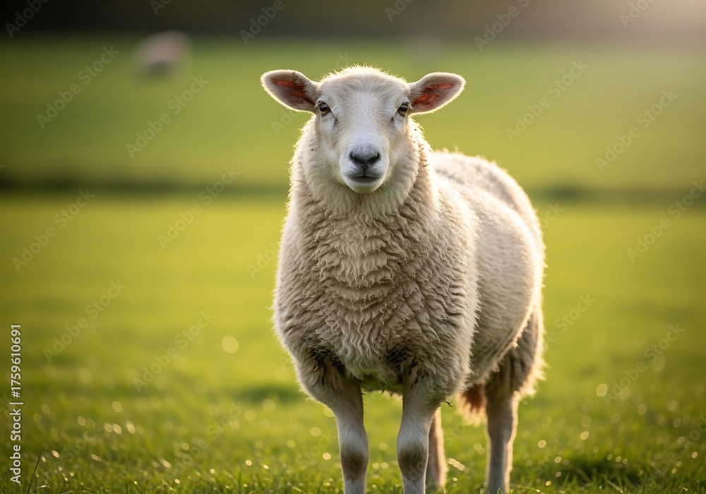 Fototapeta premium A fluffy white sheep stands in a sunlit green pasture, looking directly at the viewer.