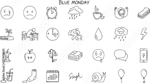 Blue Monday Concept: Hand-drawn doodle icons representing sadness, depression, lack of energy, and everyday struggles associated with mental health.