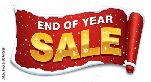 End of year sale banner with snowflakes and snow, isolated on white background
