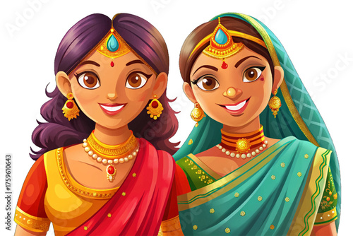 Vector of Indian woman dressed in colorful sari with golden border, jewelry, and henna design celebrating traditional Indian culture.