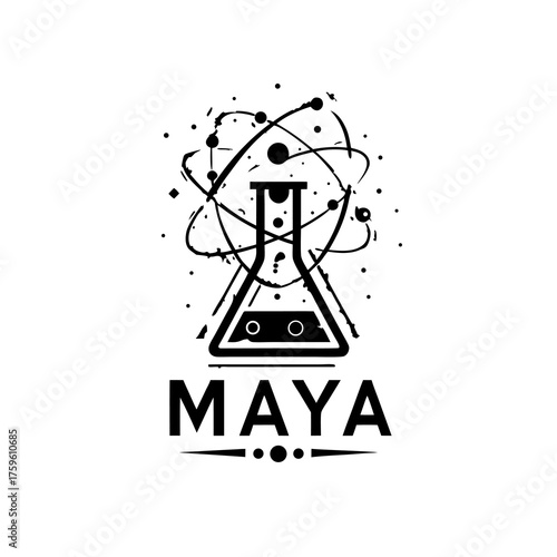 Black and white vector illustration of a science chemistry flask with orbiting atomic particles, symbolizing research, innovation, and scientific discovery.