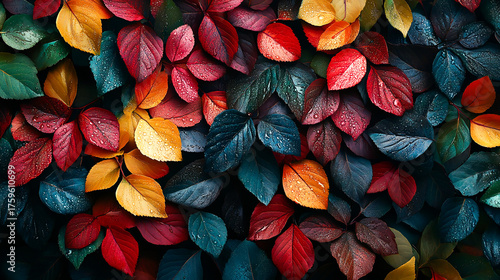 Top view of many different colorful leaves covered by dew. Autumn season, wallpaper