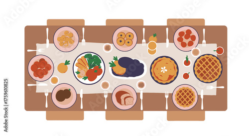 A top-down view of a Thanksgiving dinner table, laden with various dishes and desserts.