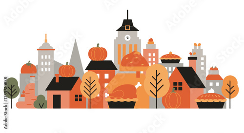 Thanksgiving cityscape illustration with buildings, pumpkins, pies, and trees in autumn colors.