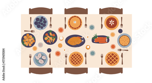 Overhead view of a festive dining table set with various dishes and place settings for a holiday meal, ready for a gathering.