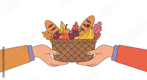 Hands sharing a woven basket filled with fresh bread, fruit, and autumn leaves, symbolizing giving and charity.