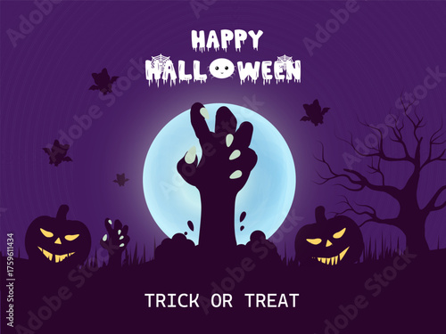 Happy Halloween celebration spooky trick of treat party night banner, poster or web header vector illustration.