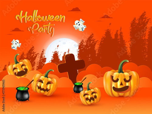 Happy Halloween celebration spooky trick of treat party night banner, poster or web header vector illustration.